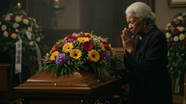 Elderly african american  woman praying at funeral.  Grief and sorrow are palpable as she offers silent prayers over closed casket.   stands beside the flower-covered coffin, in silent prayer