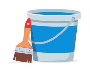 Illustration of paint bucket with blue color and brush leaning against it © Colorfuel Studio