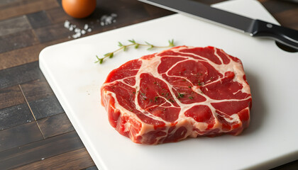 Fototapeta premium Juicy marbled beef steak with fresh herbs and coarse salt on a pristine white cutting board, overhead shot, Side lit. isolated with white highlights