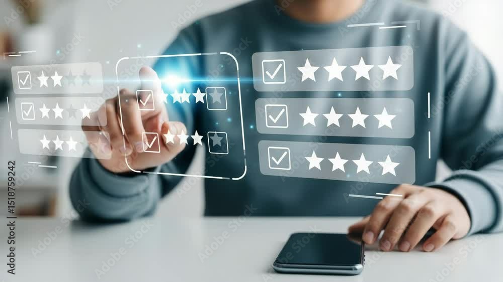 Aufkleber person interacting with a digital interface for rating with star and checkmark elements shown