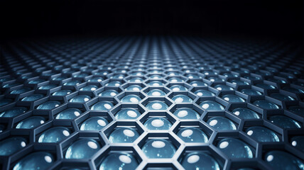 Fototapeta premium A macro photograph of a hexagonal pattern made of transparent glass bubbles against a dark background