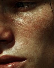 Textured skin with acne scars and mild discoloration. Shows uneven surface and post-acne skin recovery.
