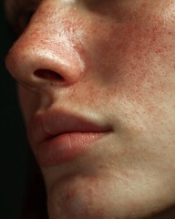 Textured skin with acne scars and mild discoloration. Shows uneven surface and post-acne skin recovery.