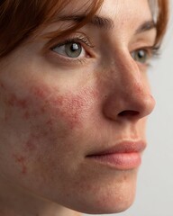 Fototapeta premium Woman with allergic skin rash on face. Mild redness and irritation visible on cheek and jawline.