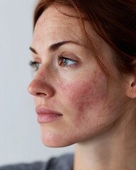 Fototapeta premium Woman with allergic skin rash on face. Mild redness and irritation visible on cheek and jawline.