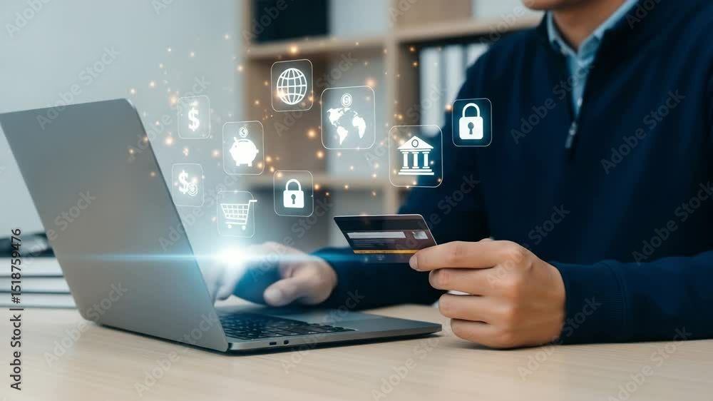 Poster person using laptop with credit card and online banking icons floating above the keyboard area