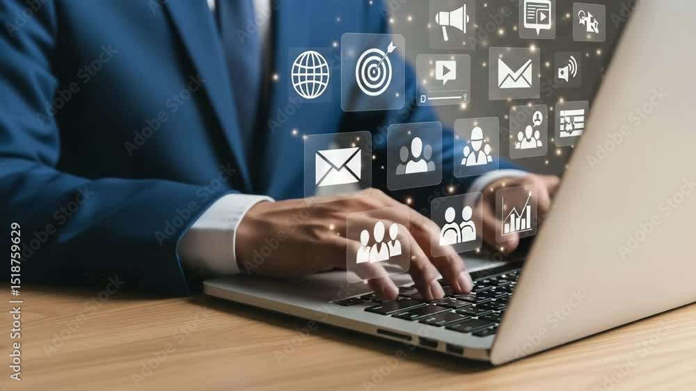 Poster Man in suit using laptop with floating digital marketing and communication icons overlaying the screen