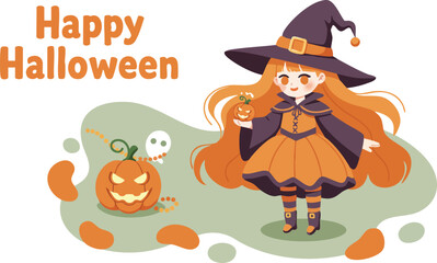 Fototapeta premium Halloween witch girl with orange hair pumpkin and skeleton happy Halloween greeting illustration vector 