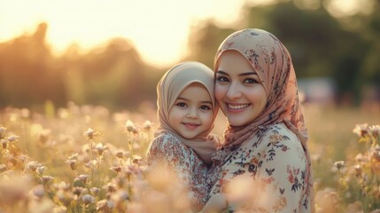 A mother and daughter embrace in a field of flowers at sunset