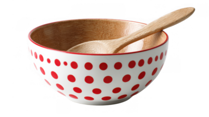 Red polka dots decorate the exterior of a mixing bowl with wooden spoon resting inside, isolated on a transparent background, ready for culinary creativity
