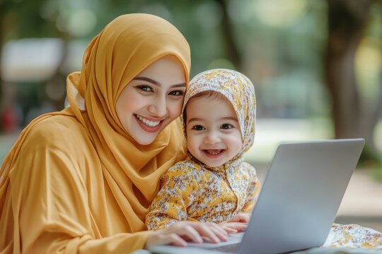 Smiling mother and baby girl using laptop outdoors