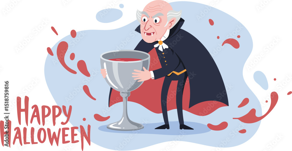 Poster vampire character holding a large goblet with happy halloween text in spooky festive design vector
