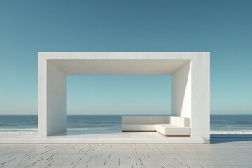 Architectural Haven: A modern outdoor lounge with pristine white structure framing the serene ocean view for a luxurious, peaceful retreat.