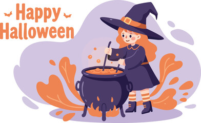 Witch stirring cauldron Halloween celebration with orange and purple colors festive costume and magic potion 