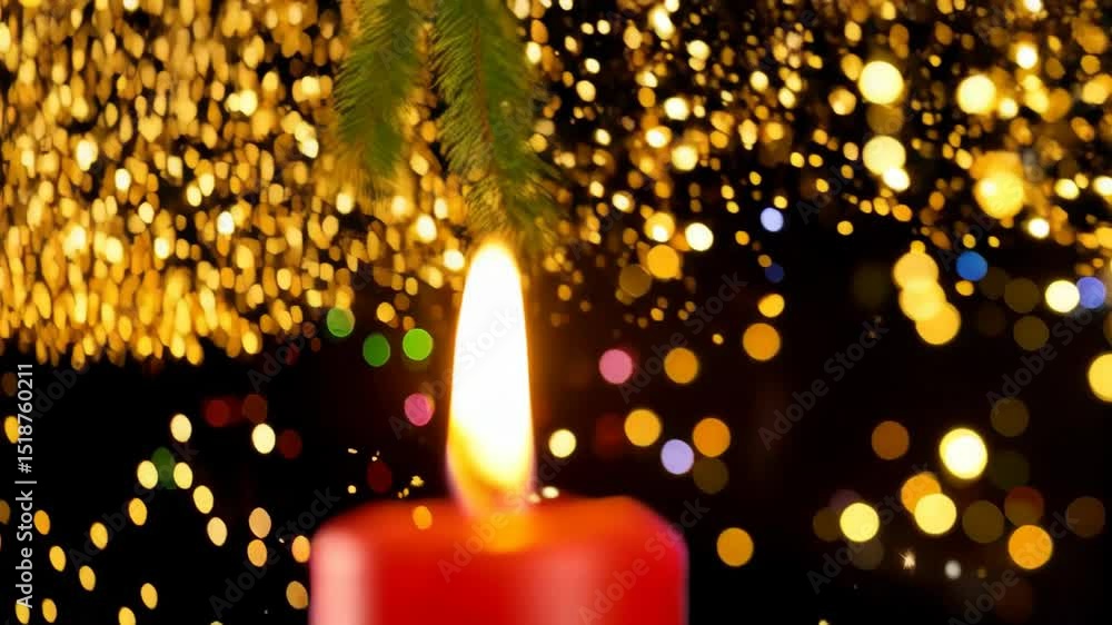 Poster festive background with lit red candle, bokeh lights, pine bough, and sparkling particle effects cre