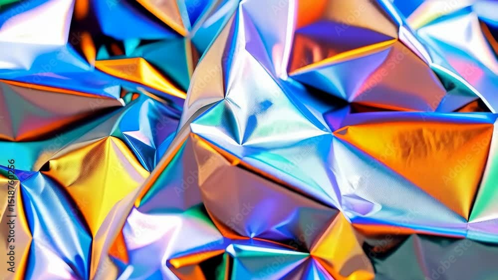 Poster abstract vibrant holographic foil with metallic effect and geometric shapes, creating a futuristic, 