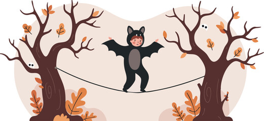 Child in bat costume walking tightrope between autumn trees in playful outdoor scene vector illustration 