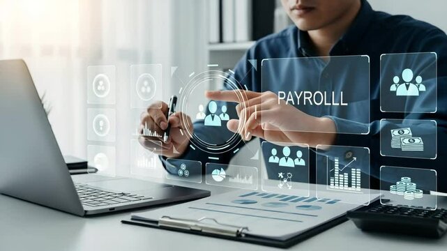Man working on payroll with laptop, pen, calculator and charts on desk with digital payroll icons