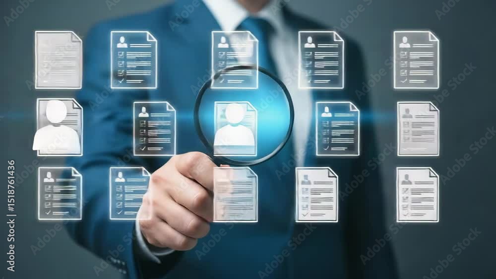 Poster Man in suit holding magnifying glass over checklist document icons in a row on dark background