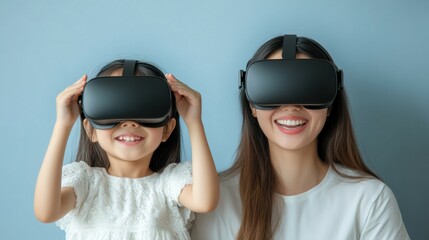 Two children wearing VR headsets, smiling