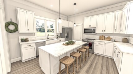 Fototapeta premium A bright, modern kitchen design with a farmhouse style.