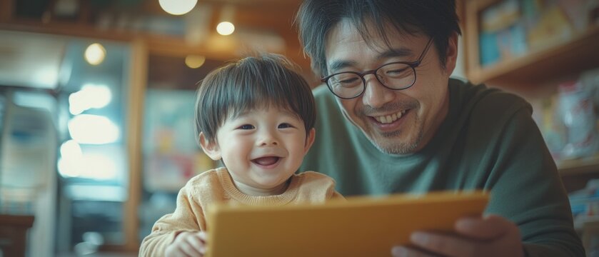 Father and toddler share a joyful digital moment