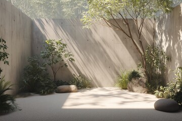 Minimalist Zen Garden: A serene space of concrete walls, soft sand, green plants, and dappled sunlight creates tranquility and calmness.