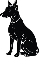 Black Dog Silhouette Vector, Sitting Guard Dog Illustration in Ink Style
