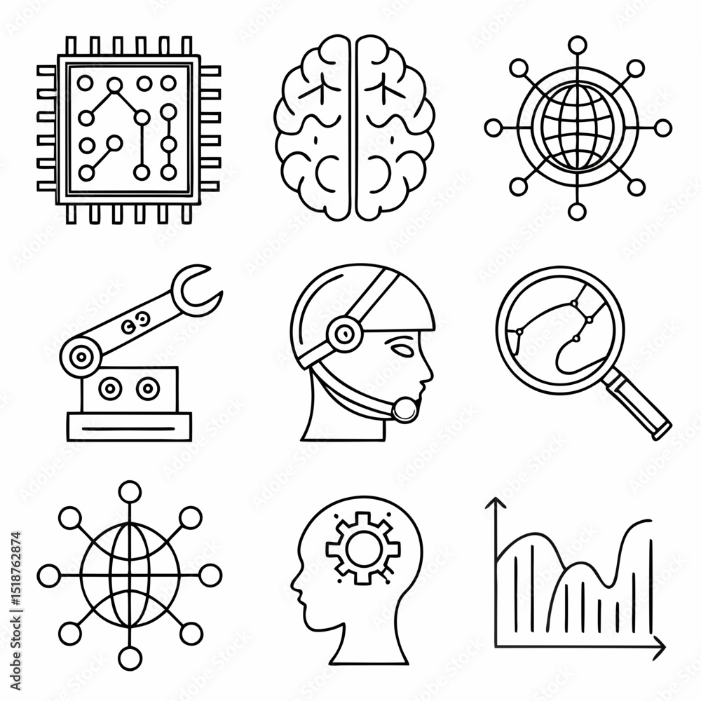 Poster line art icons depicting technology, the human brain, global networking, robotics, and data analysis