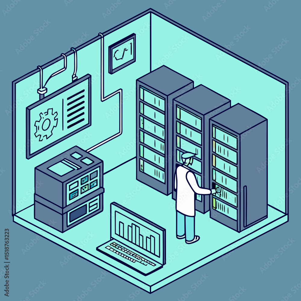 Poster isometric illustration of a server room with a technician working on the servers and monitoring scre