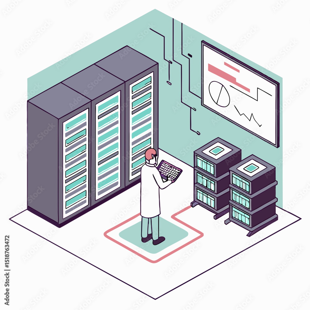 Poster data center isometric illustration showing a person working with servers and a display showing chart