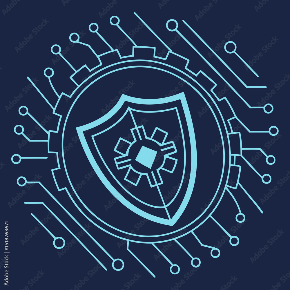 Poster abstract graphic of a shield within a gear, surrounded by circuit board-like lines, representing dig