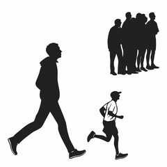 Fototapeta premium Solitary figure contrasts with a group, another individual observes