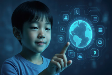 boy interacting with digital hologram of Earth and global technology icons