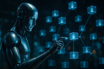 Futuristic humanoid robot interacting with digital blockchain network