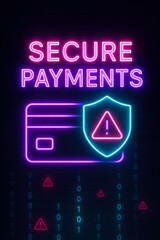 Neon sign of secure payment with warning shield icon