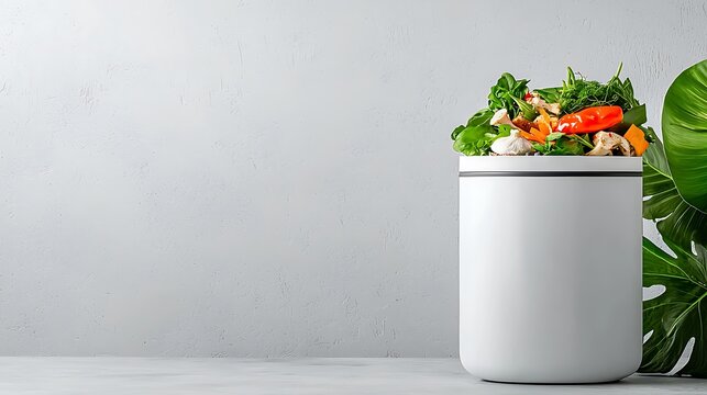 Modern Kitchen Compost Bin Filled with Fresh Vegetable Scraps and Herbs
