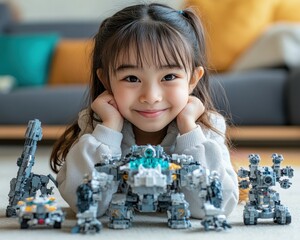 Smiling girl surrounded by futuristic robotic toys