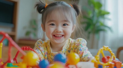 Happy toddler girl playing with colorful toys on floor