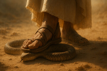 Victory Over Evil – Biblical Sandaled Foot Crushing the Serpent in Desert Dust
