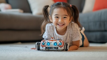 Smiling girl playing with a robot toy