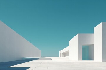 Clean, contemporary architecture showcasing white geometric structures against a bright blue sky, emphasizing minimalist design and sharp lines.