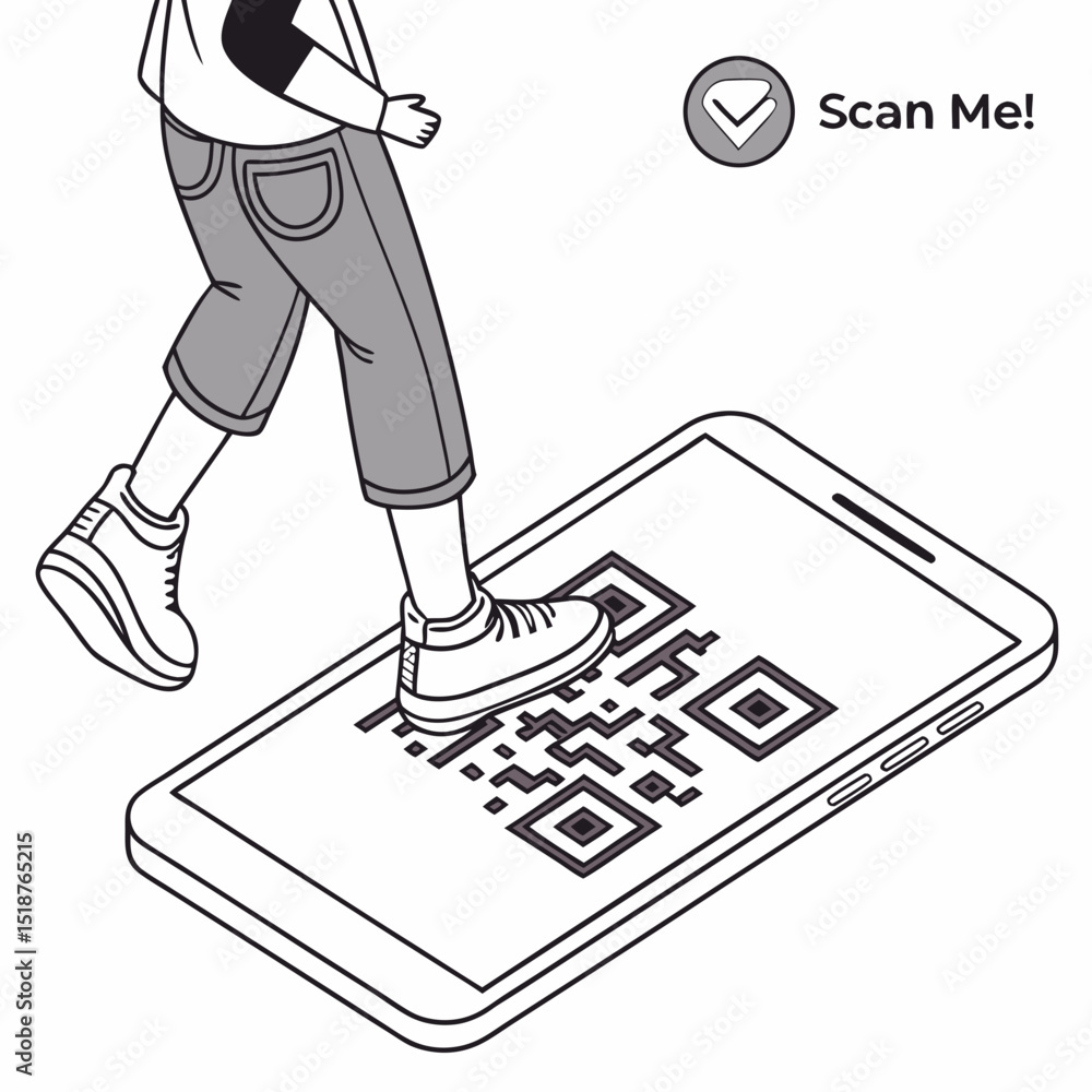 Poster person steps onto a smartphone screen with a qr code, prompting a 