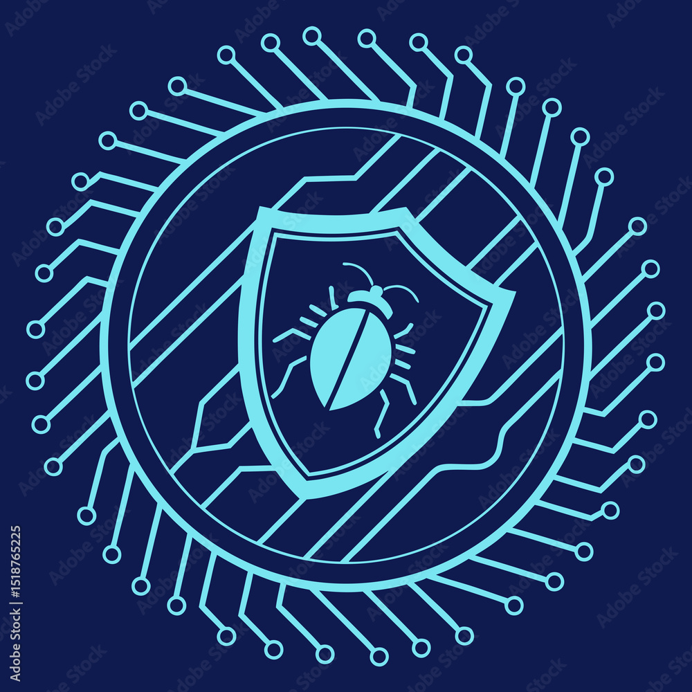 Poster cyber security shield with bug graphic inside circuit board