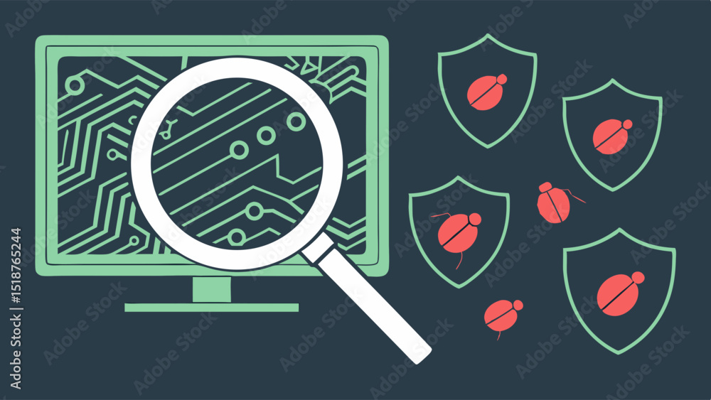 Poster computer screen with magnifying glass over circuit board, and bugs within protective shields