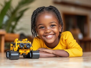 Smiling girl with toy vehicle