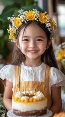 Smiling child with flower crown, holding cake