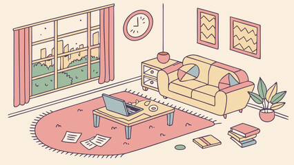 Cozy living room with laptop, sofa, and city view