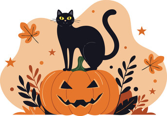 Black Cat Sitting on Carved Pumpkin Halloween Illustration with Autumn Leaves and Stars in Orange and Black Colors 