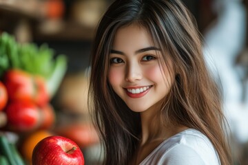 Smiling young woman in a grocery store, holding an apple